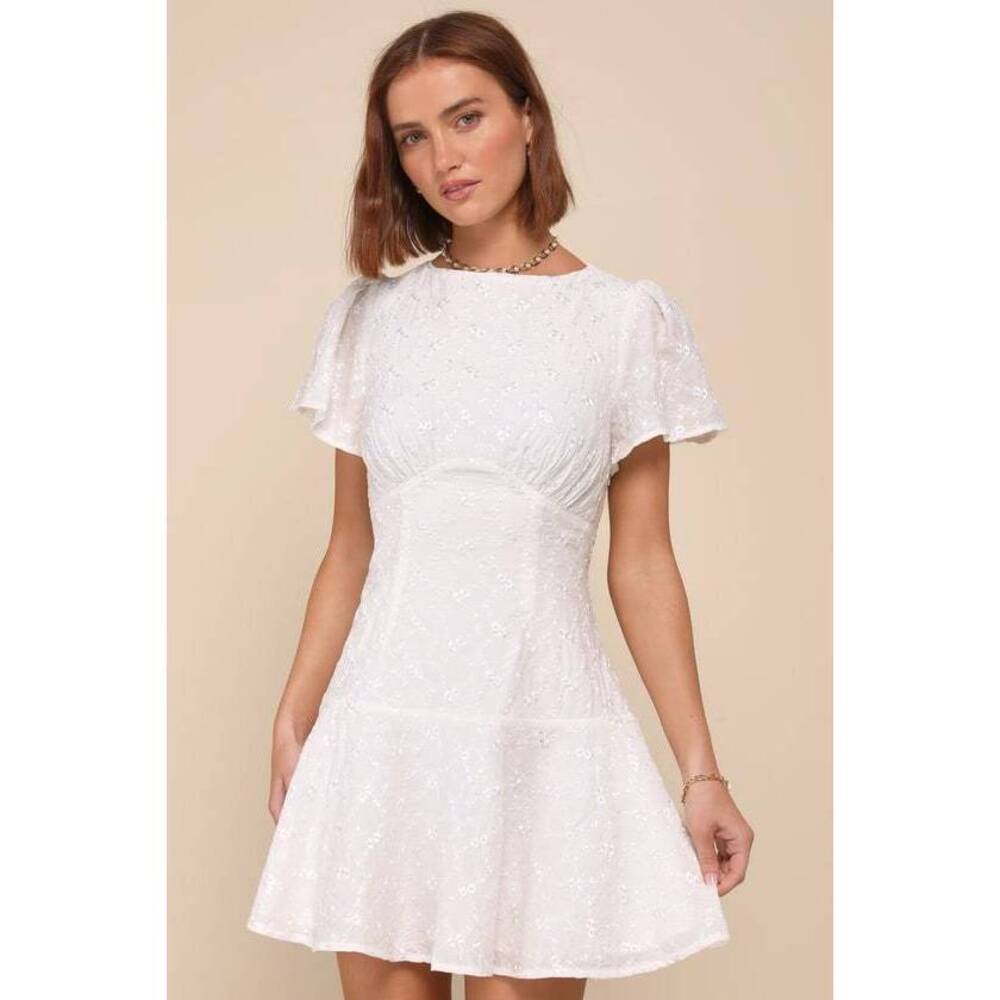 Lulus Memorably Angelic Ivory Embroidered Flutter Sleeve Mini Dress White